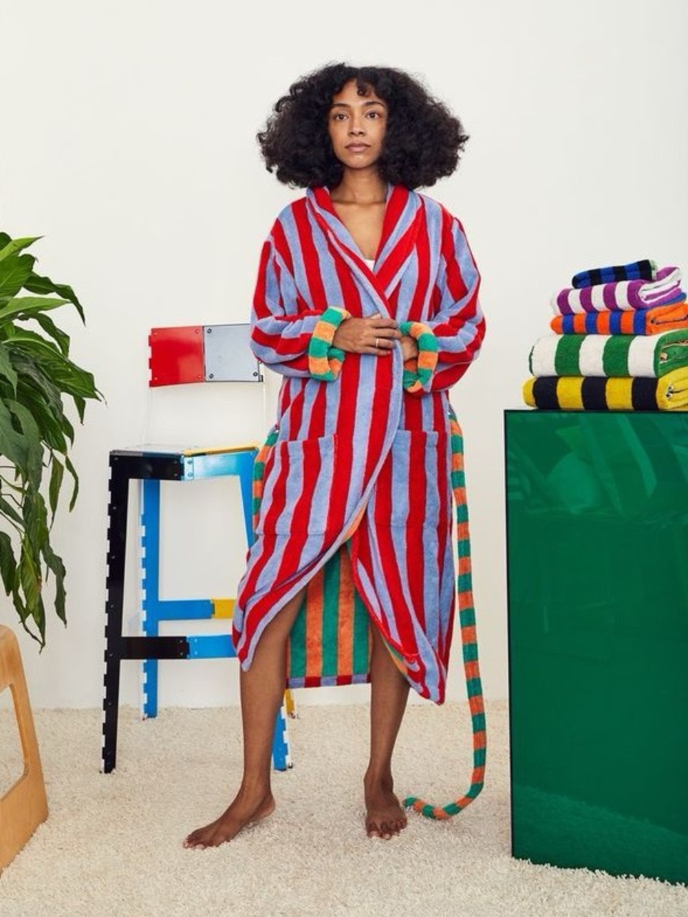Dusen Dusen robe striped terry bath red blue orange green unisex warm